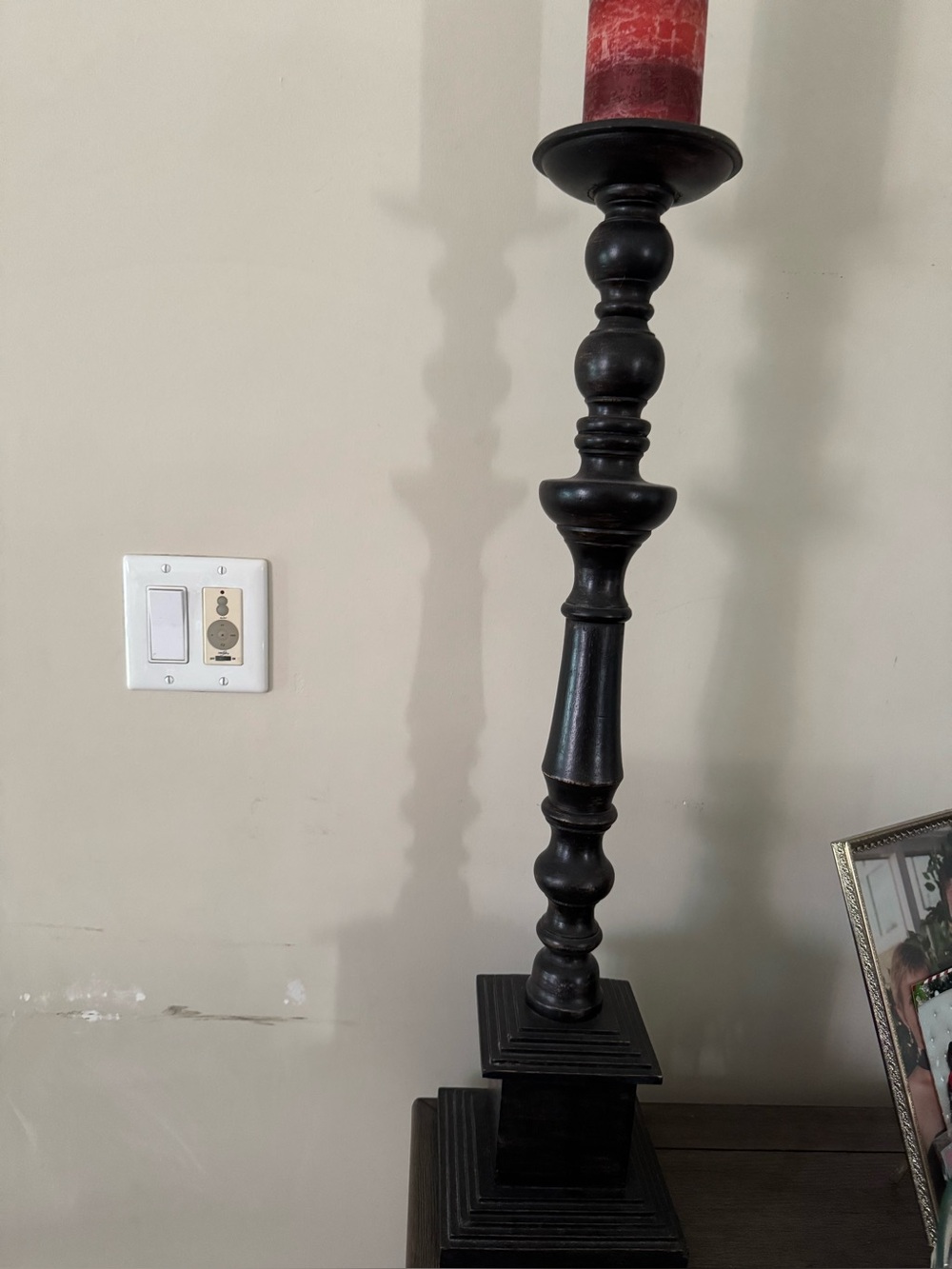 Pair of large Black Turned Wood Candlestick Holders heavy